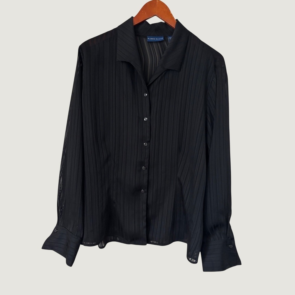 Karen Scott Black Sheer Stripe Button Down Blouse Long Sleeve XL minimalist